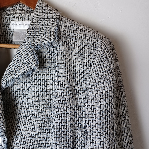 Worthington Blue and White Tweed Frayed Long Sleeve Blazer Women's Size S (6-8) - Picture 4 of 10